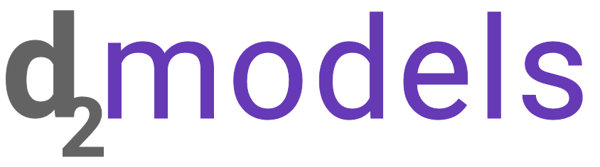A purple and grey logo showing the stylized words D2 Models with letter D in lowercase and the number 2 displayed as a subscript (D2 Models is one of many agencies representing New York Latin Models)